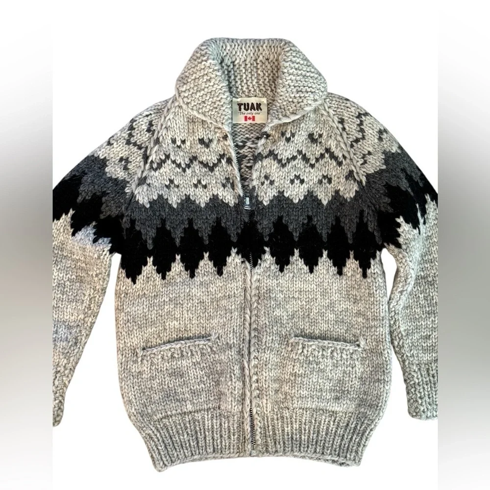 Tuak Cowichan Gray and Black 100% Wool Sweater - Picture 2 of 9